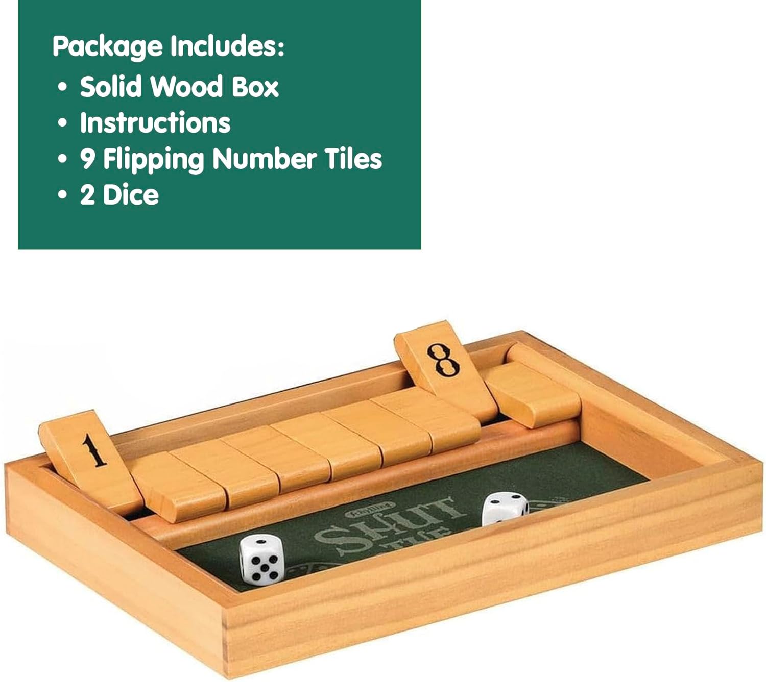 Schylling Shut the Box - Family Game of Strategy and Chance - Includes Collectible Wooden Game Box. Felt Bottom. Rounded Dice. and Detailed Instructions - Ages 6 and Up - Image 2